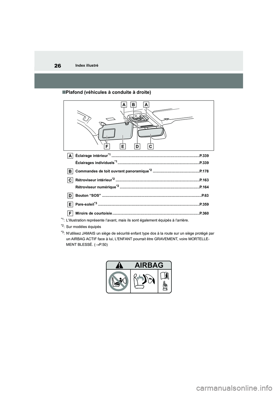 TOYOTA HIGHLANDER 2023 Manuel du propriétaire (in French) 26Index illustré
■Plafond (véhicules à conduite à droite)
Éclairage intérieur*1.....................................................................................P.339
Éclairages individue TOYOTA HIGHLANDER 2023 Manuel du propriétaire (in French) 26Index illustré
■Plafond (véhicules à conduite à droite)
Éclairage intérieur*1.....................................................................................P.339
Éclairages individue