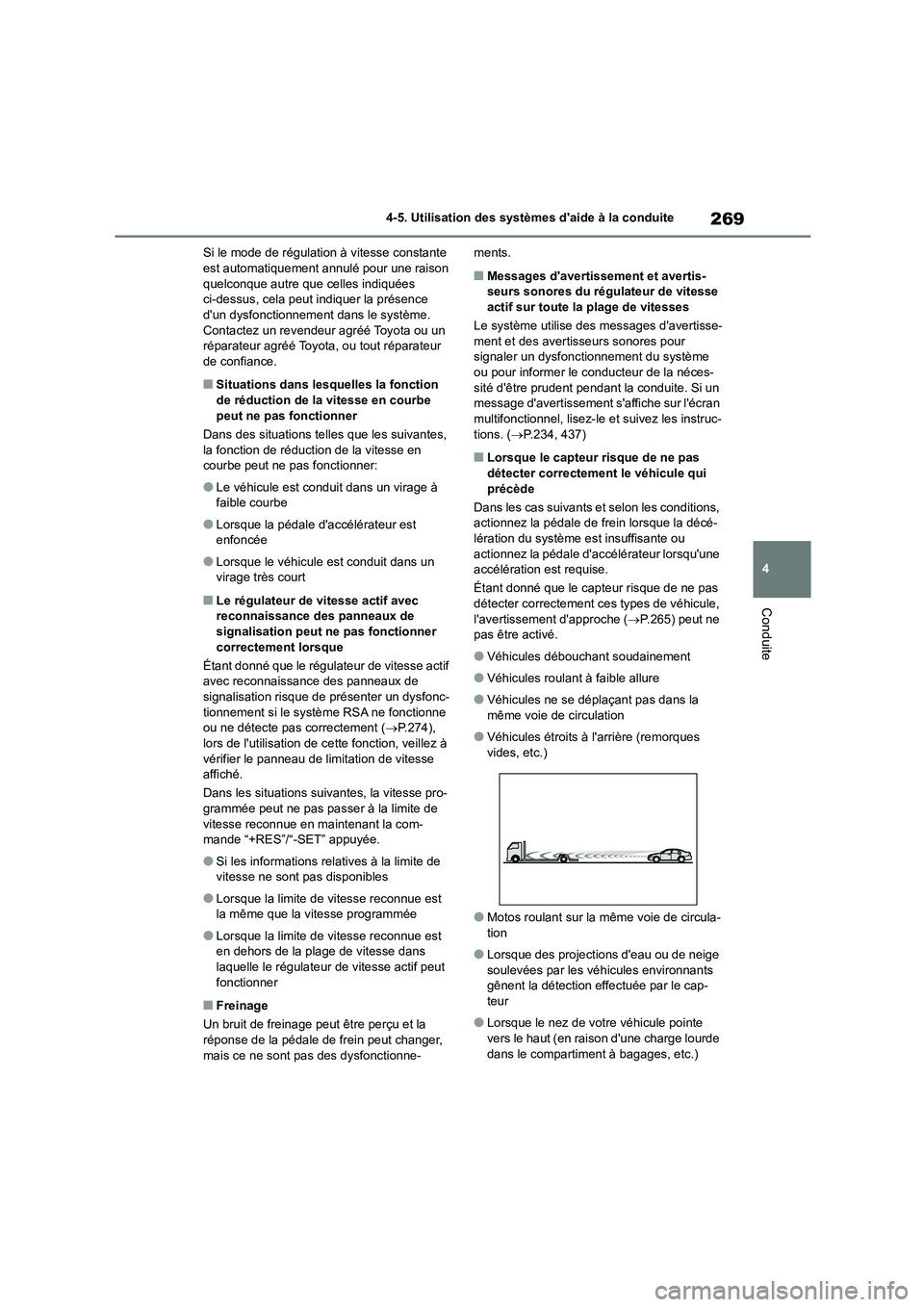 TOYOTA HIGHLANDER 2023  Manuel du propriétaire (in French) 269
4 
4-5. Utilisation des systèmes daide à la conduite
Conduite
Si le mode de régulation à vitesse constante  est automatiquement annulé pour une raison  
quelconque autre que celles indiquée
