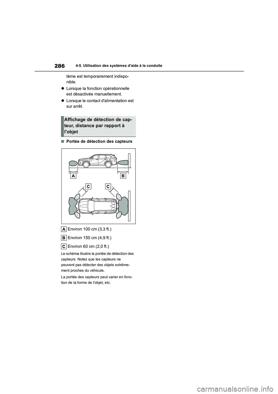 TOYOTA HIGHLANDER 2023  Manuel du propriétaire (in French) 2864-5. Utilisation des systèmes daide à la conduite
tème est temporairement indispo- 
nible. 
 Lorsque la fonction opérationnelle  
est désactivée manuellement. 
 Lorsque le contact dal