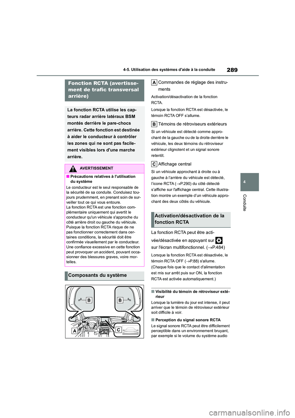 TOYOTA HIGHLANDER 2023  Manuel du propriétaire (in French) 289
4 
4-5. Utilisation des systèmes daide à la conduite
Conduite
Commandes de réglage des instru- 
ments
Activation/désactivation de la fonction  
RCTA. 
Lorsque la fonction RCTA est désactivé