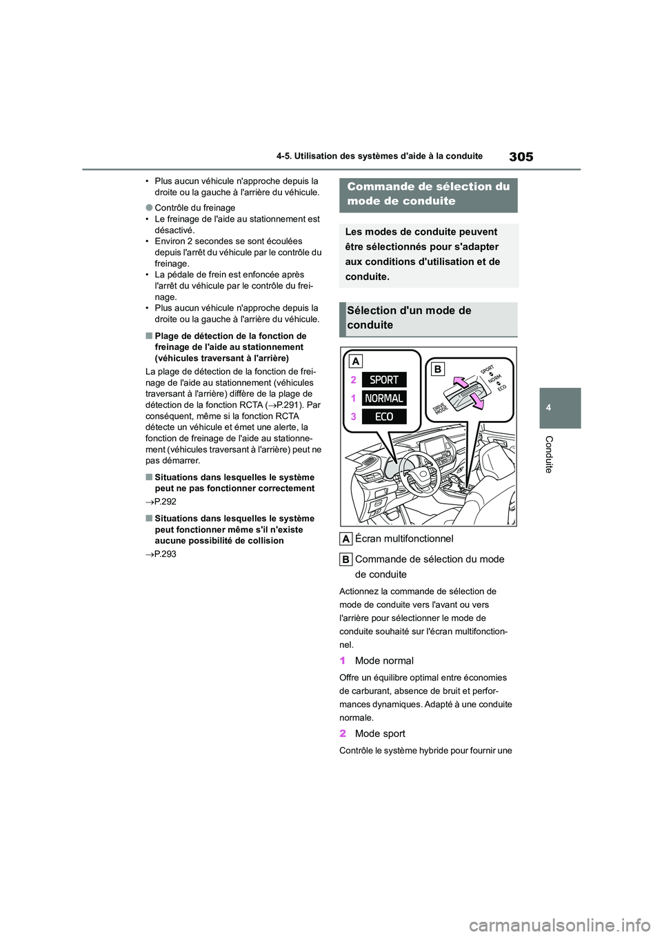 TOYOTA HIGHLANDER 2023 Manuel du propriétaire (in French) 305
4
4-5. Utilisation des systèmes daide à la conduite
Conduite
• Plus aucun véhicule napproche depuis la droite ou la gauche à larrière du véhicule.
●Contrôle du freinage• Le frein TOYOTA HIGHLANDER 2023 Manuel du propriétaire (in French) 305
4
4-5. Utilisation des systèmes daide à la conduite
Conduite
• Plus aucun véhicule napproche depuis la droite ou la gauche à larrière du véhicule.
●Contrôle du freinage• Le frein