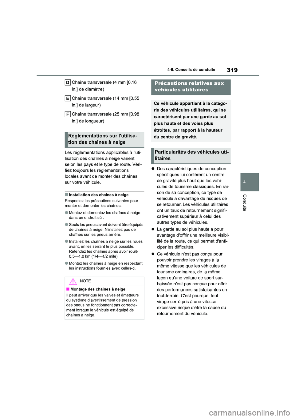 TOYOTA HIGHLANDER 2023  Manuel du propriétaire (in French) 319
4 
4-6. Conseils de conduite
Conduite
Chaîne transversale (4 mm [0,16  
in.] de diamètre) 
Chaîne transversale (14 mm [0,55  
in.] de largeur) 
Chaîne transversale (25 mm [0,98  
in.] de longu