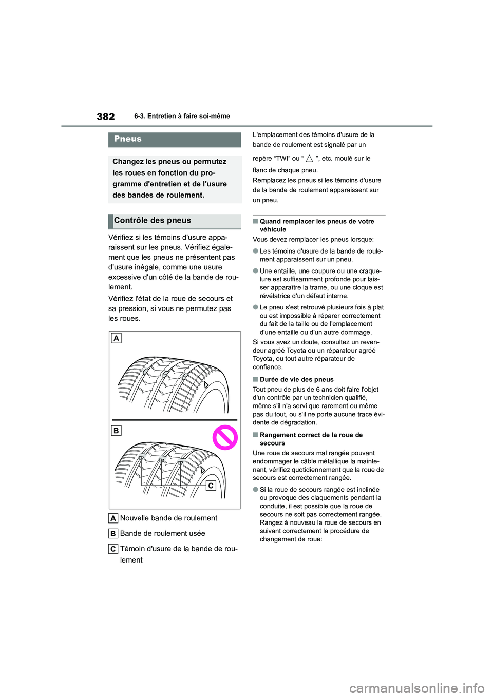 TOYOTA HIGHLANDER 2023  Manuel du propriétaire (in French) 3826-3. Entretien à faire soi-même
Vérifiez si les témoins dusure appa- 
raissent sur les pneus. Vérifiez égale-
ment que les pneus ne présentent pas 
dusure inégale, comme une usure 
excess