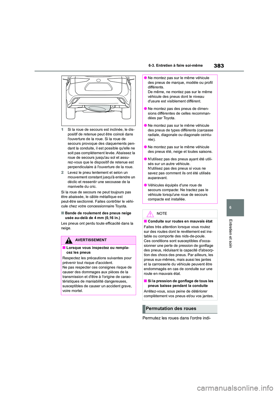 TOYOTA HIGHLANDER 2023  Manuel du propriétaire (in French) 383
6 
6-3. Entretien à faire soi-même
Entretien et soin
1 Si la roue de secours est inclinée, le dis- positif de retenue peut être coincé dans  
louverture de la roue. Si la roue de 
secours pr