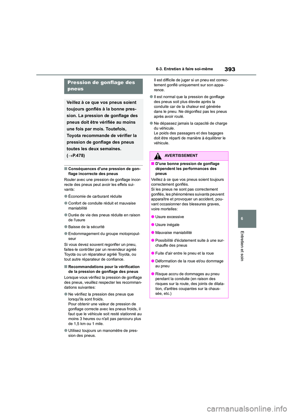 TOYOTA HIGHLANDER 2023  Manuel du propriétaire (in French) 393
6 
6-3. Entretien à faire soi-même
Entretien et soin
■Conséquences dune pression de gon- 
flage incorrecte des pneus 
Rouler avec une pression de gonflage incor- 
recte des pneus peut avoir 