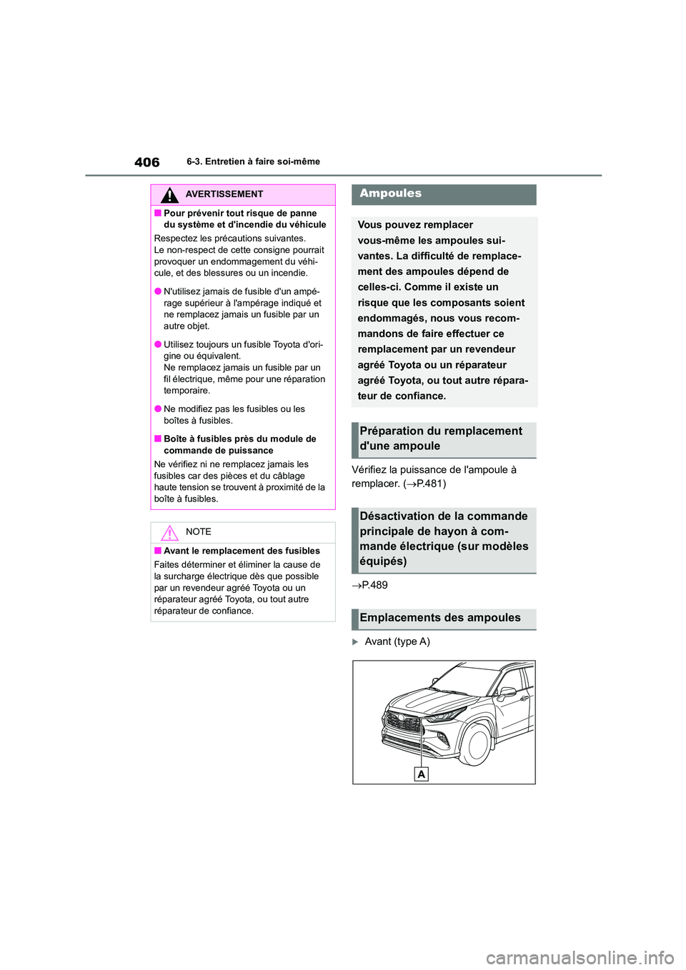 TOYOTA HIGHLANDER 2023 Manuel du propriétaire (in French) 4066-3. Entretien à faire soi-même
Vérifiez la puissance de lampoule à
remplacer. ( P.481)
P. 4 8 9
Avant (type A)
AVERTISSEMENT
■Pour prévenir tout risque de panne
du système TOYOTA HIGHLANDER 2023 Manuel du propriétaire (in French) 4066-3. Entretien à faire soi-même
Vérifiez la puissance de lampoule à
remplacer. ( P.481)
P. 4 8 9
Avant (type A)
AVERTISSEMENT
■Pour prévenir tout risque de panne
du système