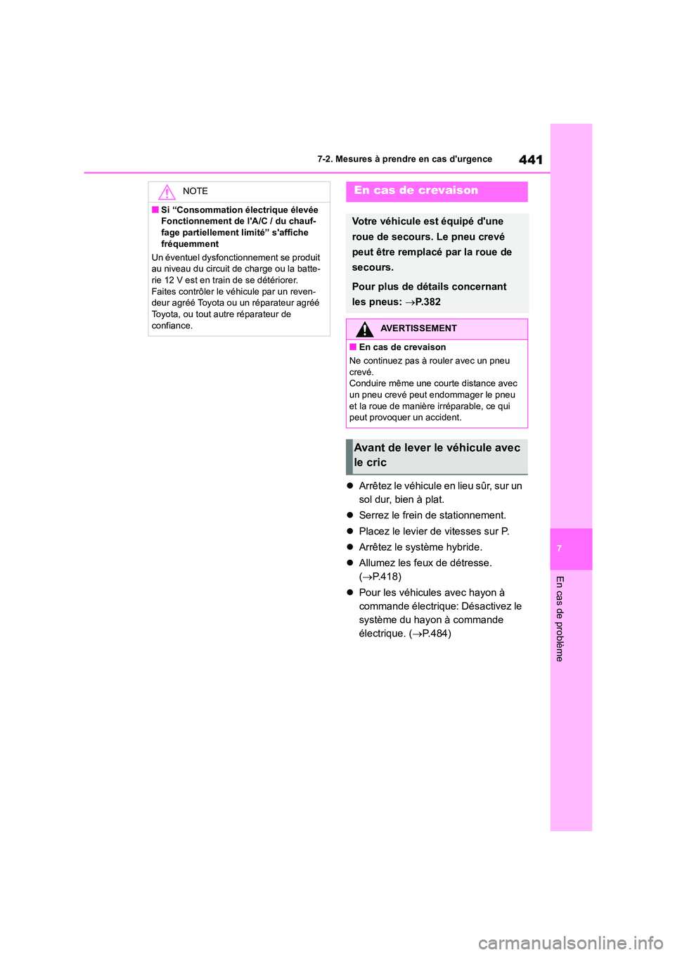 TOYOTA HIGHLANDER 2023 Manuel du propriétaire (in French) 441
7
7-2. Mesures à prendre en cas durgence
En cas de problème
Arrêtez le véhicule en lieu sûr, sur un
sol dur, bien à plat.
Serrez le frein de stationnement.
Placez le levier TOYOTA HIGHLANDER 2023 Manuel du propriétaire (in French) 441
7
7-2. Mesures à prendre en cas durgence
En cas de problème
Arrêtez le véhicule en lieu sûr, sur un
sol dur, bien à plat.
Serrez le frein de stationnement.
Placez le levier
