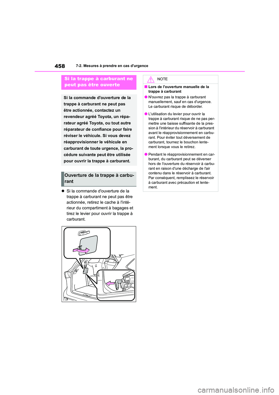 TOYOTA HIGHLANDER 2023  Manuel du propriétaire (in French) 4587-2. Mesures à prendre en cas durgence
Si la commande douverture de la  
trappe à carburant ne peut pas être 
actionnée, retirez le cache à linté-
rieur du compartiment à bagages et 
t