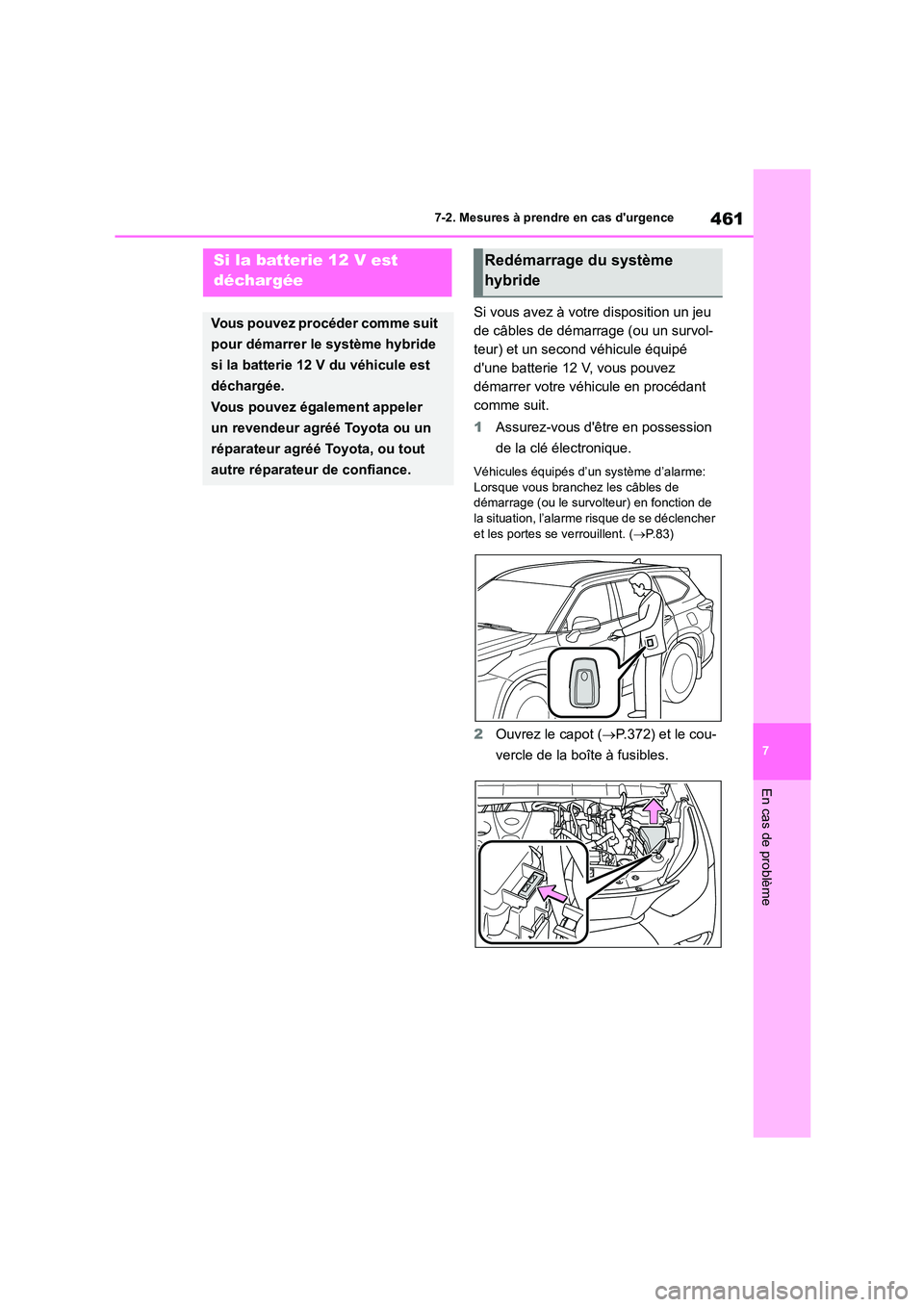 TOYOTA HIGHLANDER 2023  Manuel du propriétaire (in French) 461
7 
7-2. Mesures à prendre en cas durgence
En cas de problème
Si vous avez à votre disposition un jeu  
de câbles de démarrage (ou un survol-
teur) et un second véhicule équipé 
dune batt