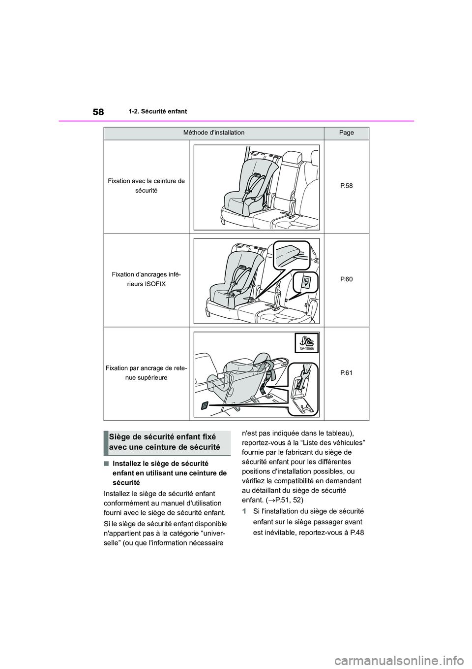 TOYOTA HIGHLANDER 2023 Manuel du propriétaire (in French) 581-2. Sécurité enfant
■Installez le siège de sécurité
enfant en utilisant une ceinture de
sécurité
Installez le siège de sécurité enfant
conformément au manuel dutilisation
fourn TOYOTA HIGHLANDER 2023 Manuel du propriétaire (in French) 581-2. Sécurité enfant
■Installez le siège de sécurité
enfant en utilisant une ceinture de
sécurité
Installez le siège de sécurité enfant
conformément au manuel dutilisation
fourn