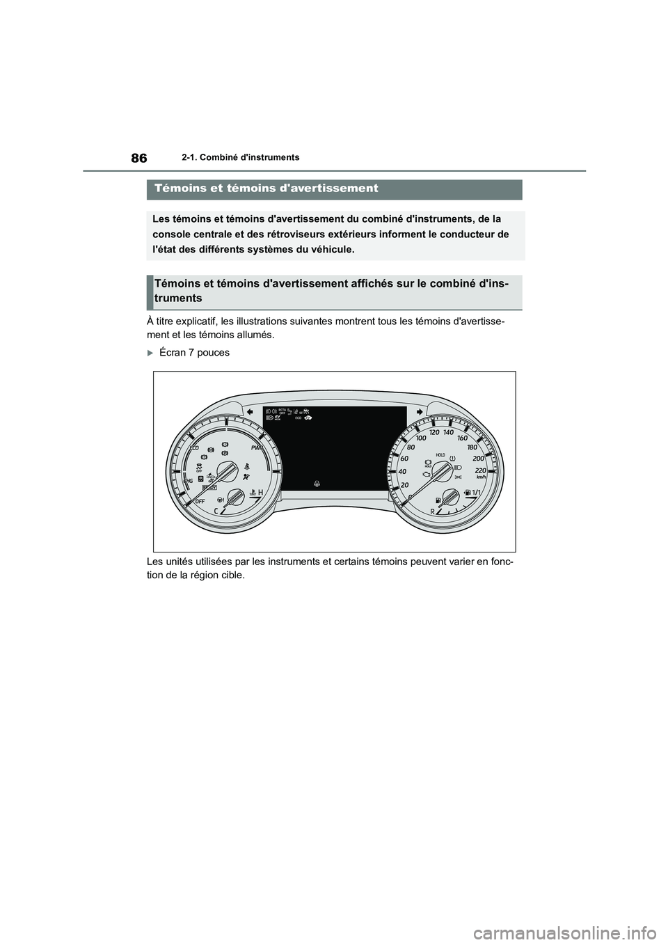 TOYOTA HIGHLANDER 2023 Manuel du propriétaire (in French) 862-1. Combiné dinstruments
2-1.Combiné dinstruments
À titre explicatif, les illustrations suivantes montrent tous les témoins davertisse-
ment et les témoins allumés.
Écran 7 pouces
Le TOYOTA HIGHLANDER 2023 Manuel du propriétaire (in French) 862-1. Combiné dinstruments
2-1.Combiné dinstruments
À titre explicatif, les illustrations suivantes montrent tous les témoins davertisse-
ment et les témoins allumés.
Écran 7 pouces
Le
