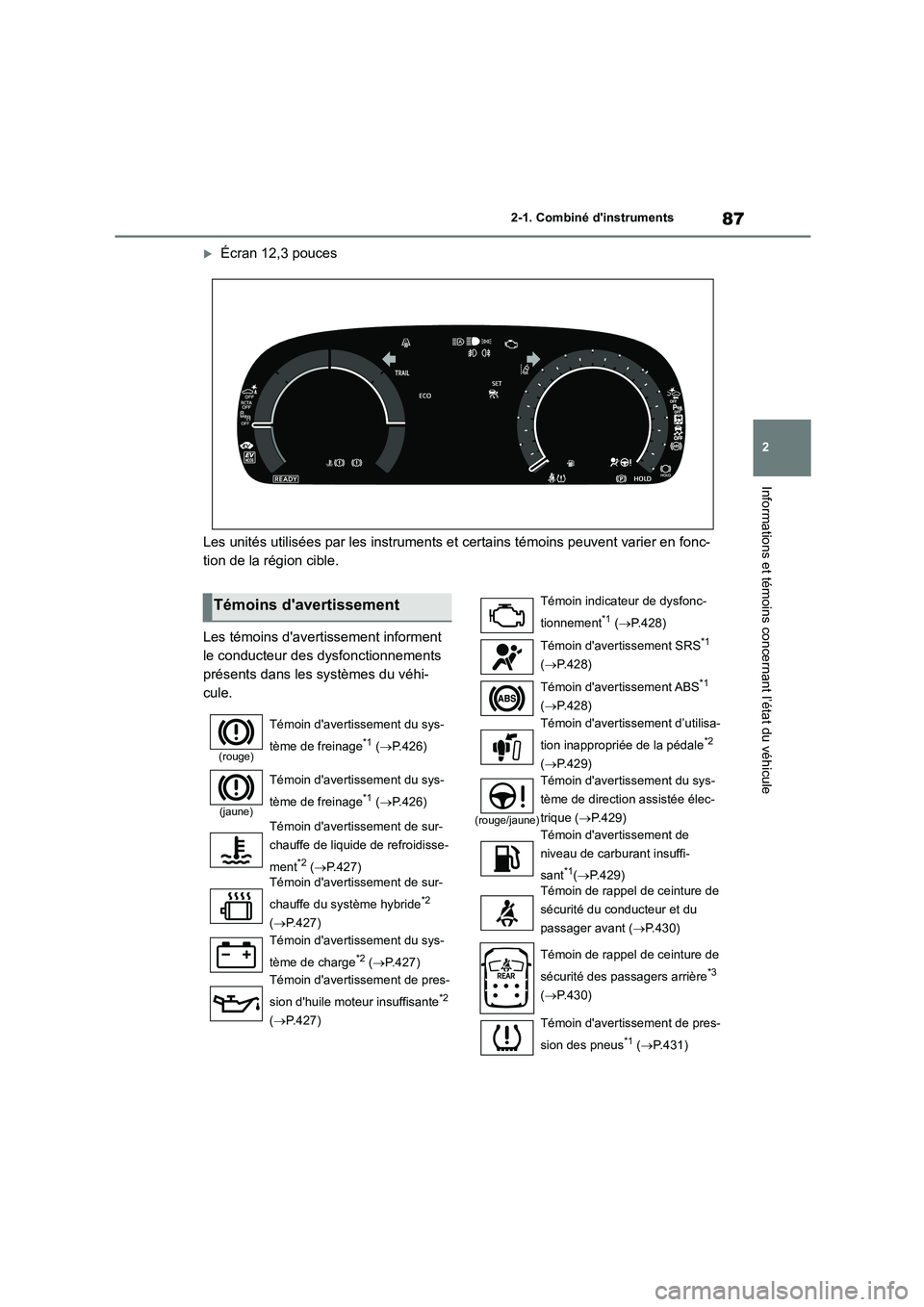 TOYOTA HIGHLANDER 2023 Manuel du propriétaire (in French) 87
2
2-1. Combiné dinstruments
Informations et témoins concernant l’état du véhicule
Écran 12,3 pouces
Les unités utilisées par les instruments et certains témoins peuvent varier en fo TOYOTA HIGHLANDER 2023 Manuel du propriétaire (in French) 87
2
2-1. Combiné dinstruments
Informations et témoins concernant l’état du véhicule
Écran 12,3 pouces
Les unités utilisées par les instruments et certains témoins peuvent varier en fo