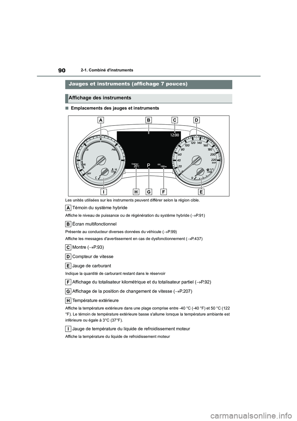 TOYOTA HIGHLANDER 2023 Manuel du propriétaire (in French) 902-1. Combiné dinstruments
■Emplacements des jauges et instruments
Les unités utilisées sur les instruments peuvent différer selon la région cible.
Témoin du système hybride
Affiche le nive TOYOTA HIGHLANDER 2023 Manuel du propriétaire (in French) 902-1. Combiné dinstruments
■Emplacements des jauges et instruments
Les unités utilisées sur les instruments peuvent différer selon la région cible.
Témoin du système hybride
Affiche le nive