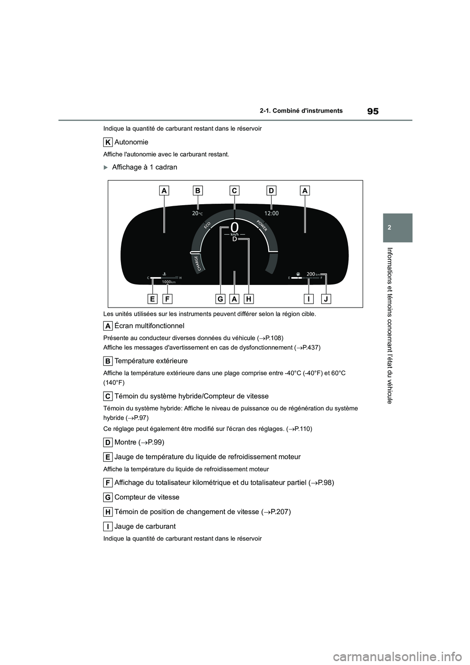 TOYOTA HIGHLANDER 2023 Manuel du propriétaire (in French) 95
2
2-1. Combiné dinstruments
Informations et témoins concernant l’état du véhicule
Indique la quantité de carburant restant dans le réservoir
Autonomie
Affiche lautonomie avec le carburan TOYOTA HIGHLANDER 2023 Manuel du propriétaire (in French) 95
2
2-1. Combiné dinstruments
Informations et témoins concernant l’état du véhicule
Indique la quantité de carburant restant dans le réservoir
Autonomie
Affiche lautonomie avec le carburan