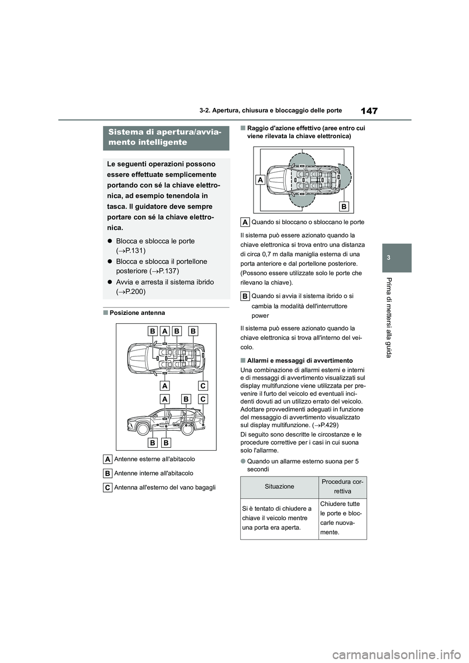 TOYOTA HIGHLANDER 2023 Manuale duso (in Italian) 147
3
3-2. Apertura, chiusura e bloccaggio delle porte
Prima di mettersi alla guida
■Posizione antenna
Antenne esterne allabitacolo
Antenne interne allabitacolo
Antenna allesterno del vano bag TOYOTA HIGHLANDER 2023 Manuale duso (in Italian) 147
3
3-2. Apertura, chiusura e bloccaggio delle porte
Prima di mettersi alla guida
■Posizione antenna
Antenne esterne allabitacolo
Antenne interne allabitacolo
Antenna allesterno del vano bag