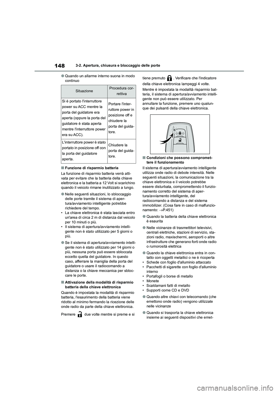 TOYOTA HIGHLANDER 2023 Manuale duso (in Italian) 1483-2. Apertura, chiusura e bloccaggio delle porte
●Quando un allarme interno suona in modo continuo
■Funzione di risparmio batteria
La funzione di risparmio batteria verrà atti-
vata per evi TOYOTA HIGHLANDER 2023 Manuale duso (in Italian) 1483-2. Apertura, chiusura e bloccaggio delle porte
●Quando un allarme interno suona in modo continuo
■Funzione di risparmio batteria
La funzione di risparmio batteria verrà atti-
vata per evi