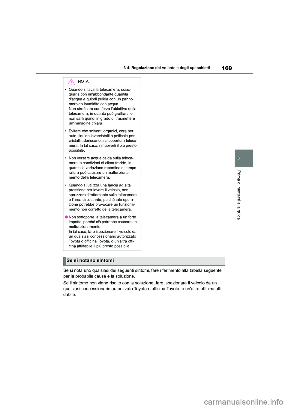 TOYOTA HIGHLANDER 2023 Manuale duso (in Italian) 169
3
3-4. Regolazione del volante e degli specchietti
Prima di mettersi alla guida
Se si nota uno qualsiasi dei seguenti sintomi, fare riferimento alla tabella seguente
per la probabile causa e la TOYOTA HIGHLANDER 2023 Manuale duso (in Italian) 169
3
3-4. Regolazione del volante e degli specchietti
Prima di mettersi alla guida
Se si nota uno qualsiasi dei seguenti sintomi, fare riferimento alla tabella seguente
per la probabile causa e la