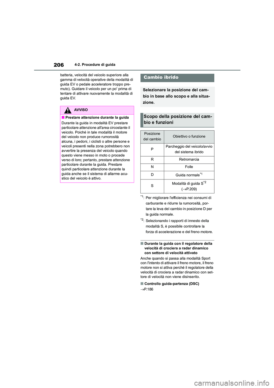 TOYOTA HIGHLANDER 2023 Manuale duso (in Italian) 2064-2. Procedure di guida
batteria, velocità del veicolo superiore alla gamma di velocità operative della modalità di
guida EV o pedale acceleratore troppo pre-
muto). Guidare il veicolo per u TOYOTA HIGHLANDER 2023 Manuale duso (in Italian) 2064-2. Procedure di guida
batteria, velocità del veicolo superiore alla gamma di velocità operative della modalità di
guida EV o pedale acceleratore troppo pre-
muto). Guidare il veicolo per u
