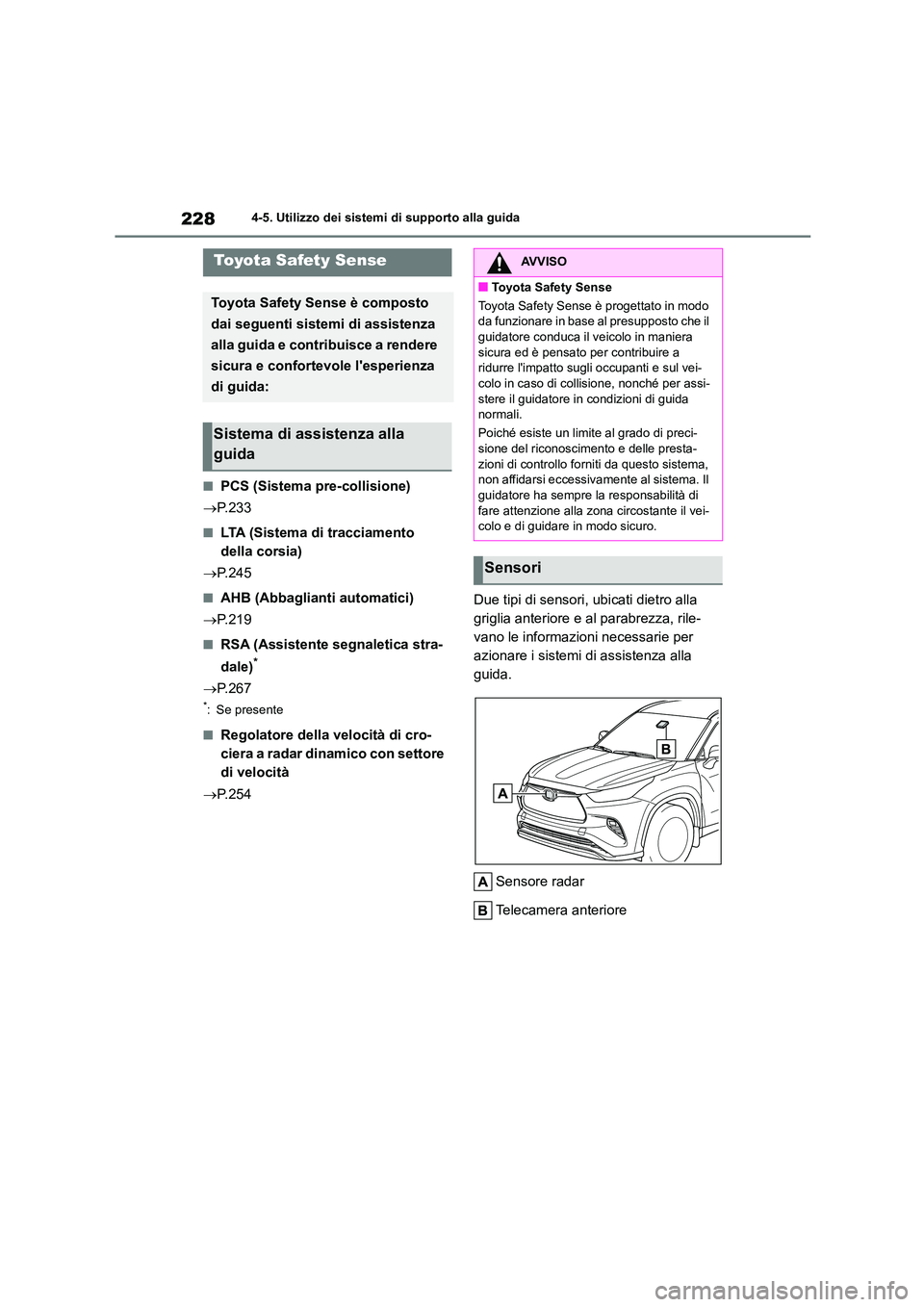 TOYOTA HIGHLANDER 2023 Manuale duso (in Italian) 2284-5. Utilizzo dei sistemi di supporto alla guida
4-5.Utilizzo dei sistemi di supporto alla guida
■PCS (Sistema pre-collisione)
P.233
■LTA (Sistema di tracciamento
della corsia)
P.24 TOYOTA HIGHLANDER 2023 Manuale duso (in Italian) 2284-5. Utilizzo dei sistemi di supporto alla guida
4-5.Utilizzo dei sistemi di supporto alla guida
■PCS (Sistema pre-collisione)
P.233
■LTA (Sistema di tracciamento
della corsia)
P.24