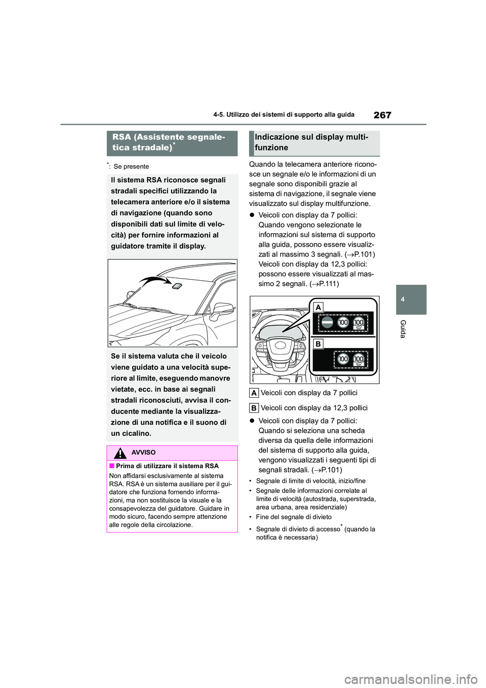 TOYOTA HIGHLANDER 2023  Manuale duso (in Italian) 267
4 
4-5. Utilizzo dei sistemi di supporto alla guida
Guida
*: Se presenteQuando la telecamera anteriore ricono- 
sce un segnale e/o le informazioni di un 
segnale sono disponibili grazie al 
sistem