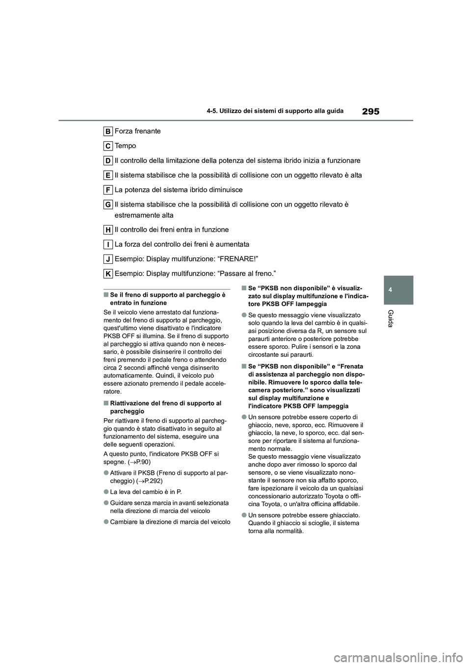 TOYOTA HIGHLANDER 2023  Manuale duso (in Italian) 295
4 
4-5. Utilizzo dei sistemi di supporto alla guida
Guida
Forza frenante 
Te m p o 
Il controllo della limitazione della potenza del sistema ibrido inizia a funzionare 
Il sistema stabilisce che l