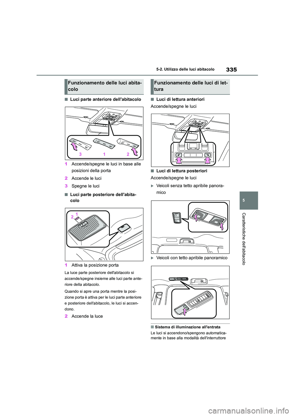 TOYOTA HIGHLANDER 2023 Manuale duso (in Italian) 335
5
5-2. Utilizzo delle luci abitacolo
Caratteristiche dellabitacolo
■Luci parte anteriore dellabitacolo
1 Accende/spegne le luci in base alle
posizioni della porta
2 Accende le luci
3 Spe TOYOTA HIGHLANDER 2023 Manuale duso (in Italian) 335
5
5-2. Utilizzo delle luci abitacolo
Caratteristiche dellabitacolo
■Luci parte anteriore dellabitacolo
1 Accende/spegne le luci in base alle
posizioni della porta
2 Accende le luci
3 Spe