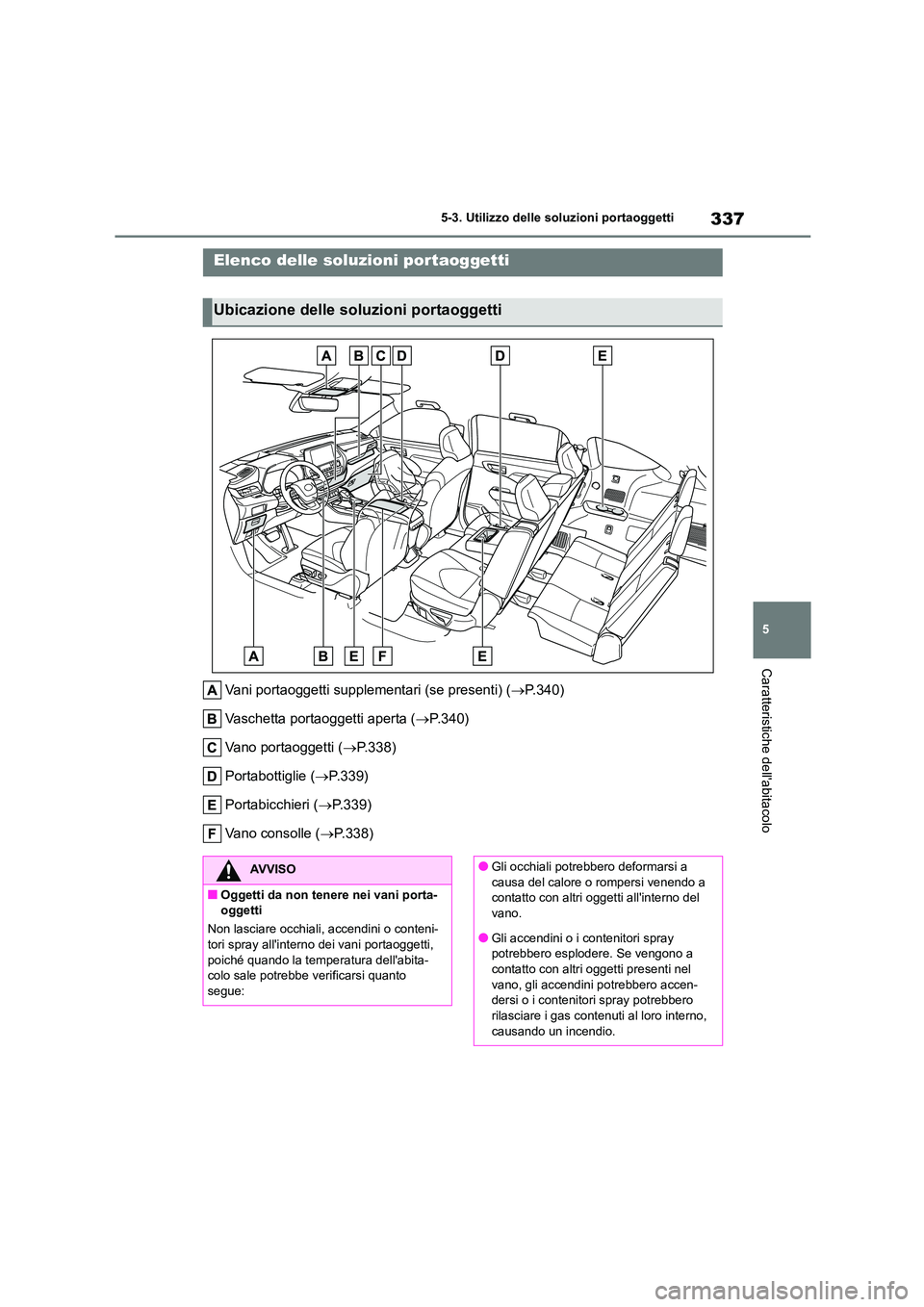 TOYOTA HIGHLANDER 2023 Manuale duso (in Italian) 337
5
5-3. Utilizzo delle so luzioni portaoggetti
Caratteristiche dellabitacolo
5-3.Utilizzo delle soluzioni portaoggetti
Vani portaoggetti supplementari (se presenti) (P.340)
Vaschetta portaogg TOYOTA HIGHLANDER 2023 Manuale duso (in Italian) 337
5
5-3. Utilizzo delle so luzioni portaoggetti
Caratteristiche dellabitacolo
5-3.Utilizzo delle soluzioni portaoggetti
Vani portaoggetti supplementari (se presenti) (P.340)
Vaschetta portaogg