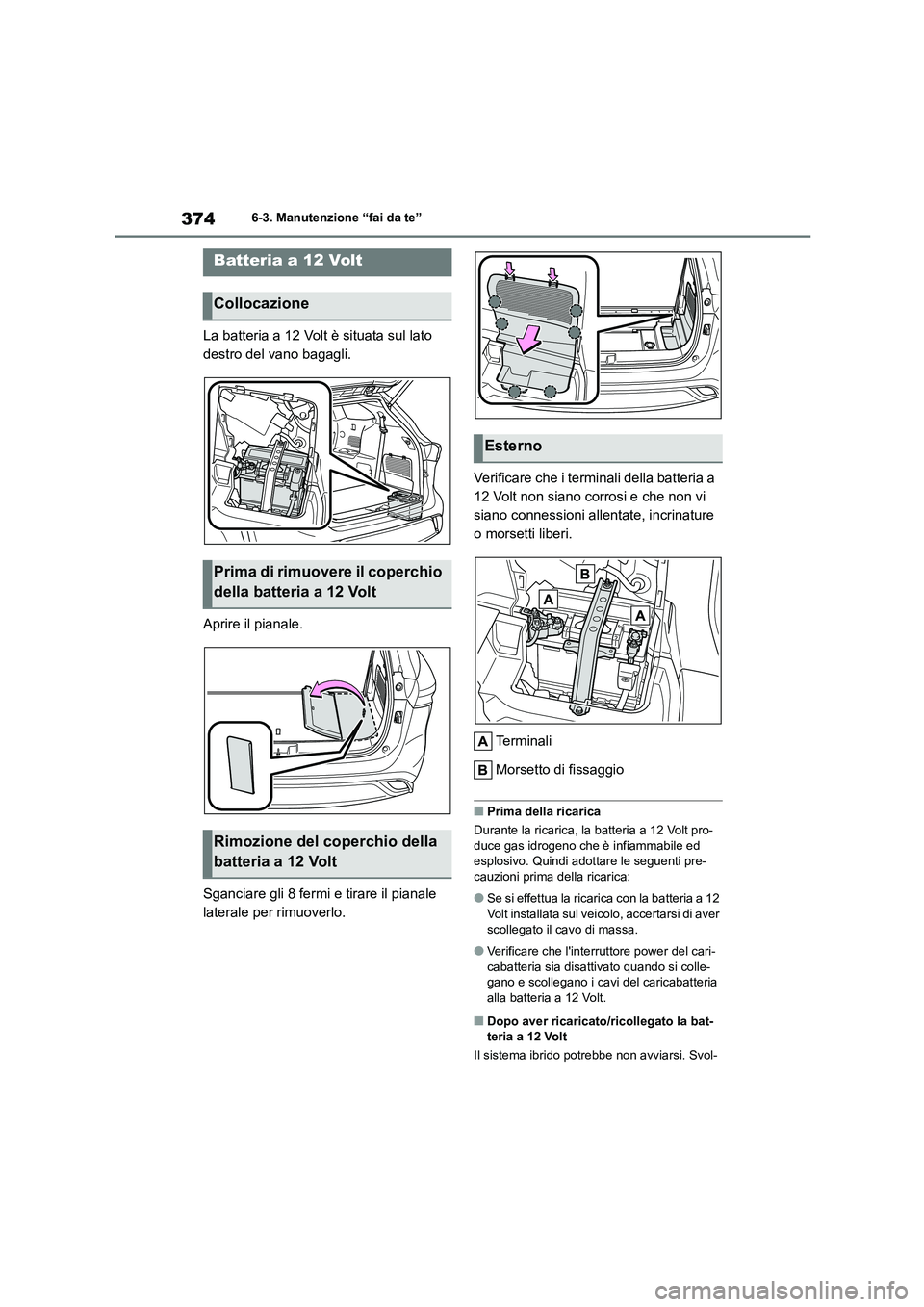 TOYOTA HIGHLANDER 2023  Manuale duso (in Italian) 3746-3. Manutenzione “fai da te”
La batteria a 12 Volt è situata sul lato  
destro del vano bagagli. 
Aprire il pianale. 
Sganciare gli 8 fermi e tirare il pianale  
laterale per rimuoverlo. 
Ver