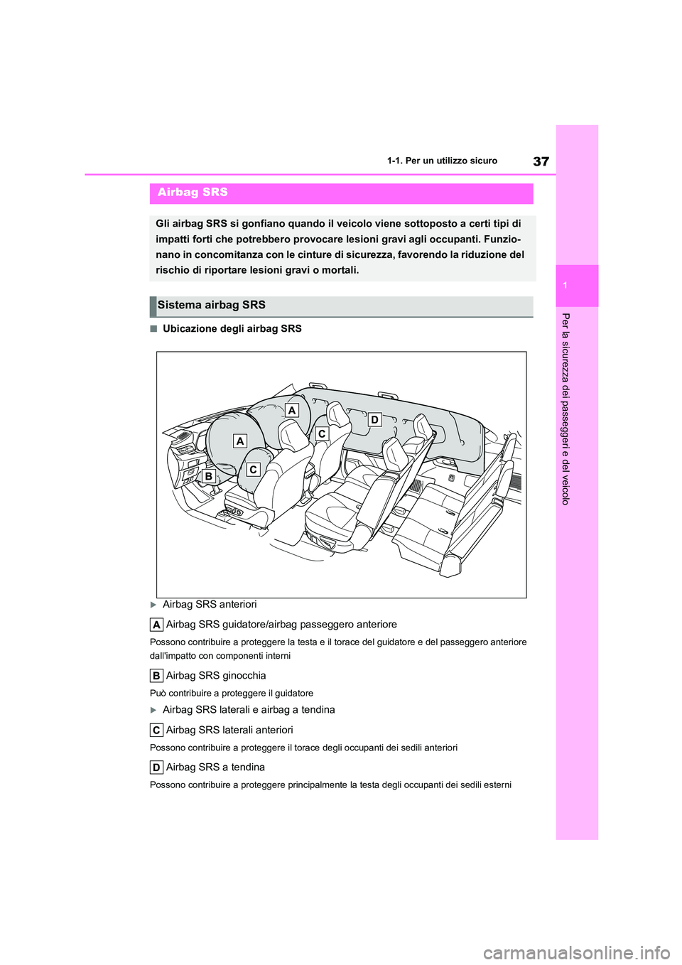 TOYOTA HIGHLANDER 2023 Manuale duso (in Italian) 37
1
1-1. Per un utilizzo sicuro
Per la sicurezza dei passeggeri e del veicolo
■Ubicazione degli airbag SRS
Airbag SRS anteriori
Airbag SRS guidatore/airbag passeggero anteriore
Possono contrib TOYOTA HIGHLANDER 2023 Manuale duso (in Italian) 37
1
1-1. Per un utilizzo sicuro
Per la sicurezza dei passeggeri e del veicolo
■Ubicazione degli airbag SRS
Airbag SRS anteriori
Airbag SRS guidatore/airbag passeggero anteriore
Possono contrib