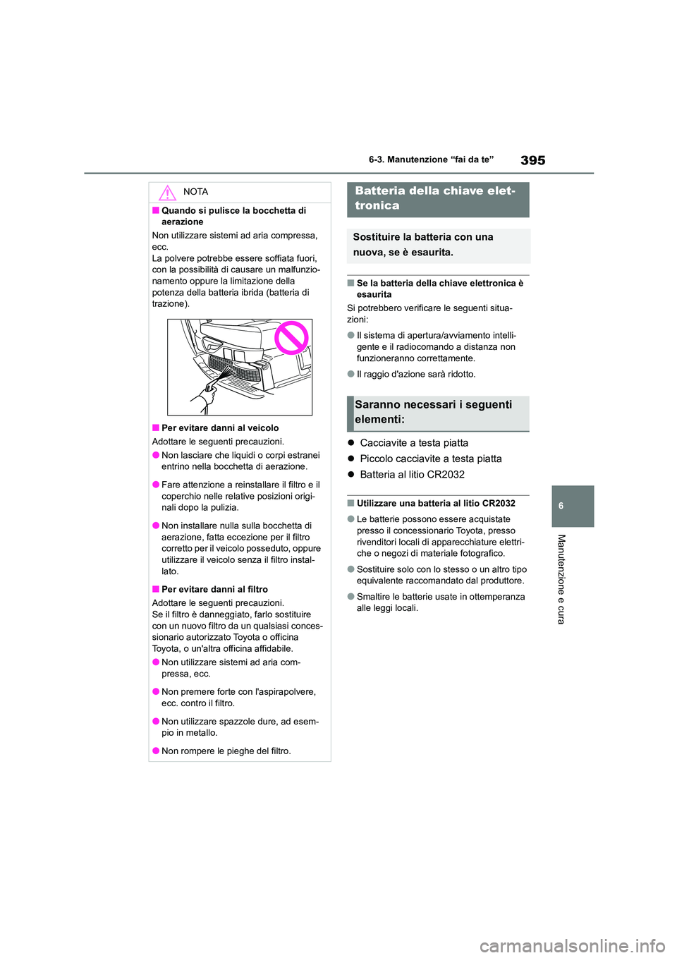TOYOTA HIGHLANDER 2023  Manuale duso (in Italian) 395
6 
6-3. Manutenzione “fai da te”
Manutenzione e cura
■Se la batteria della chiave elettronica è  
esaurita 
Si potrebbero verificare le seguenti situa- 
zioni:
●Il sistema di apertura/avv