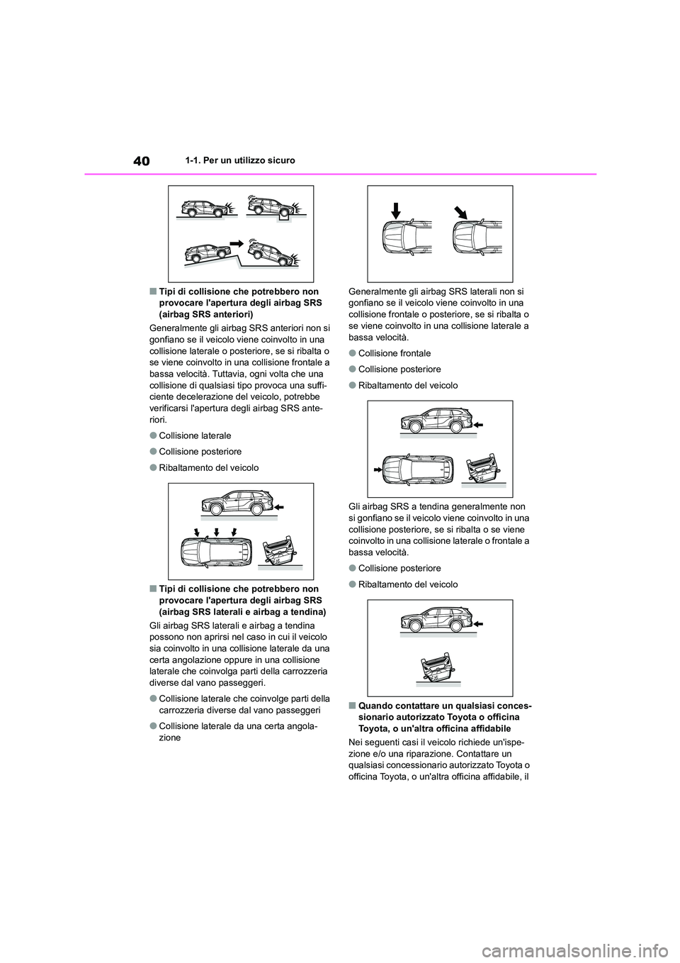 TOYOTA HIGHLANDER 2023 Manuale duso (in Italian) 401-1. Per un utilizzo sicuro
■Tipi di collisione che potrebbero non provocare lapertura degli airbag SRS
(airbag SRS anteriori)
Generalmente gli airbag SRS anteriori non si
gonfiano se il ve TOYOTA HIGHLANDER 2023 Manuale duso (in Italian) 401-1. Per un utilizzo sicuro
■Tipi di collisione che potrebbero non provocare lapertura degli airbag SRS
(airbag SRS anteriori)
Generalmente gli airbag SRS anteriori non si
gonfiano se il ve