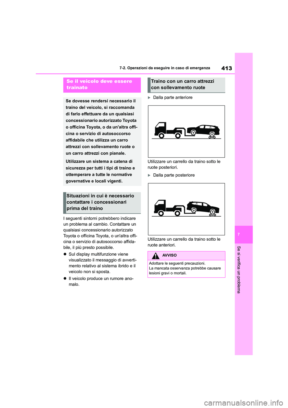 TOYOTA HIGHLANDER 2023  Manuale duso (in Italian) 413
7 
7-2. Operazioni da eseguire in caso di emergenza
Se si verifica un problema
7-2.Operazioni da eseguire in caso di emergenza
I seguenti sintomi potrebbero indicare  
un problema al cambio. Conta