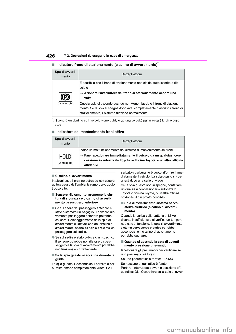 TOYOTA HIGHLANDER 2023  Manuale duso (in Italian) 4267-2. Operazioni da eseguire in caso di emergenza
■Indicatore freno di stazionamento (cicalino di avvertimento)*
*: Suonerà un cicalino se il veicolo viene guidato ad una velocità pari a circa 5
