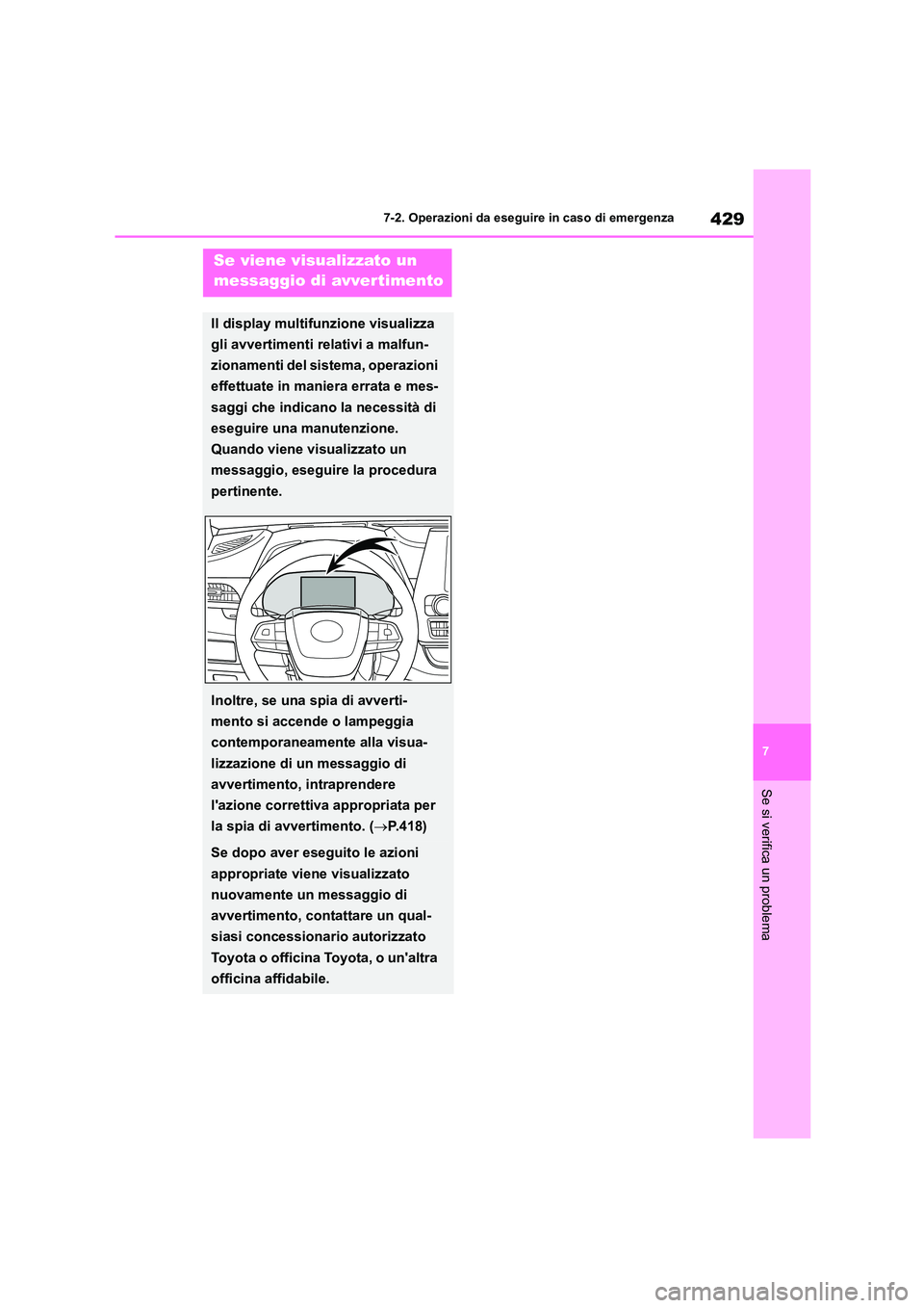 TOYOTA HIGHLANDER 2023  Manuale duso (in Italian) 429
7 
7-2. Operazioni da eseguire in caso di emergenza
Se si verifica un problema
Se viene visualizzato un  
messaggio di avvertimento
Il display multifunzione visualizza  
gli avvertimenti relativi 