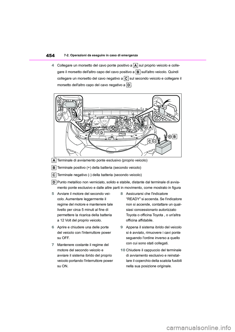 TOYOTA HIGHLANDER 2023 Manuale duso (in Italian) 4547-2. Operazioni da eseguire in caso di emergenza
4Collegare un morsetto del cavo ponte positivo a sul proprio veicolo e colle-
gare il morsetto dellaltro capo del cavo positivo a sullaltro v TOYOTA HIGHLANDER 2023 Manuale duso (in Italian) 4547-2. Operazioni da eseguire in caso di emergenza
4Collegare un morsetto del cavo ponte positivo a sul proprio veicolo e colle-
gare il morsetto dellaltro capo del cavo positivo a sullaltro v