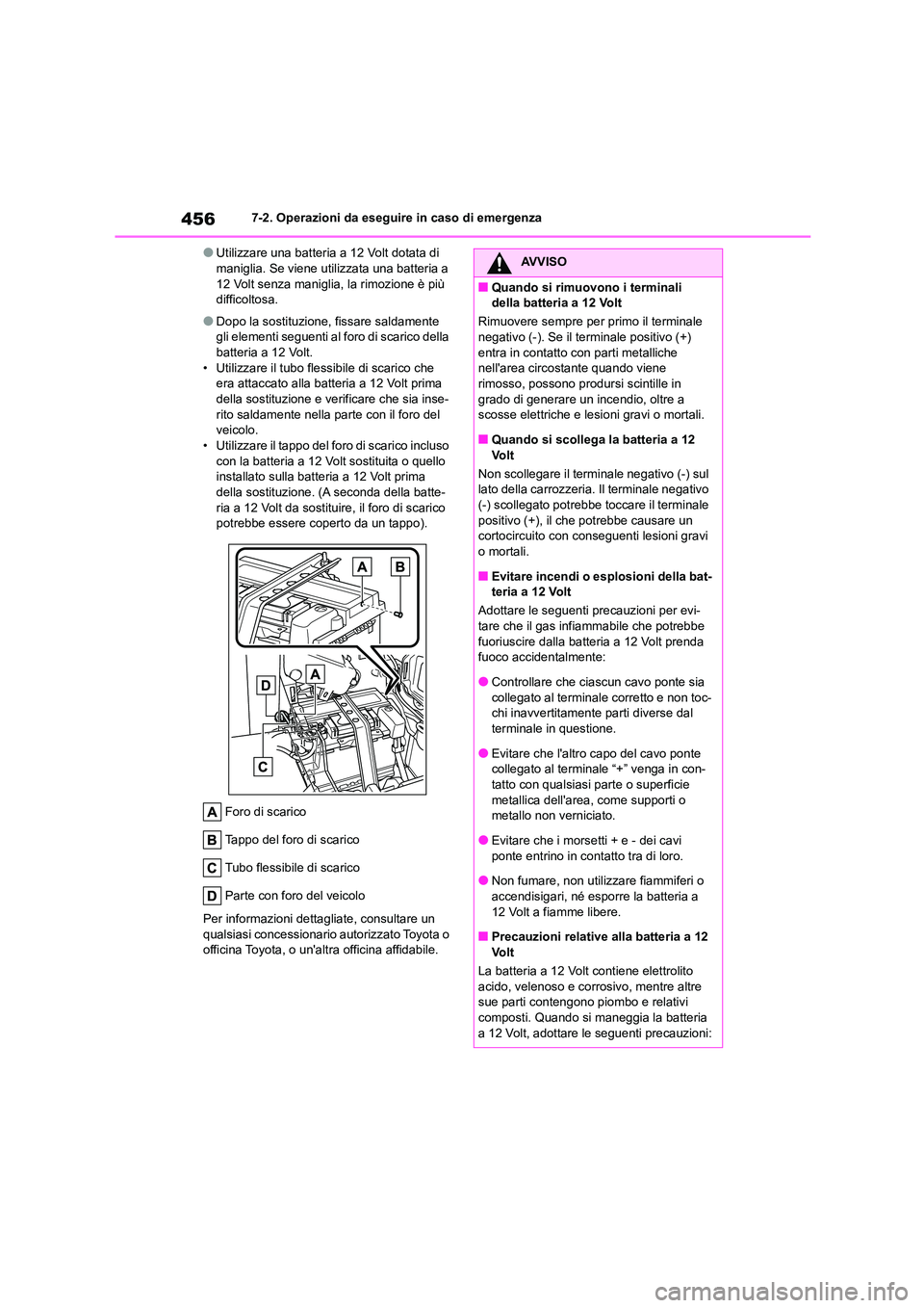 TOYOTA HIGHLANDER 2023 Manuale duso (in Italian) 4567-2. Operazioni da eseguire in caso di emergenza
●Utilizzare una batteria a 12 Volt dotata di maniglia. Se viene utilizzata una batteria a
12 Volt senza maniglia, la rimozione è più
diffico TOYOTA HIGHLANDER 2023 Manuale duso (in Italian) 4567-2. Operazioni da eseguire in caso di emergenza
●Utilizzare una batteria a 12 Volt dotata di maniglia. Se viene utilizzata una batteria a
12 Volt senza maniglia, la rimozione è più
diffico