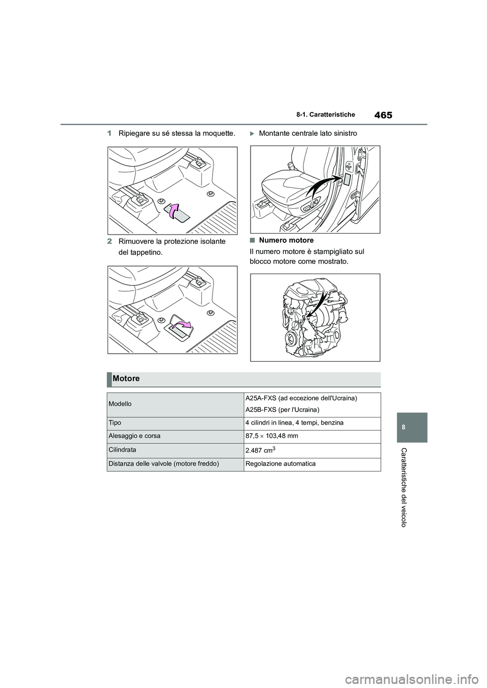 TOYOTA HIGHLANDER 2023  Manuale duso (in Italian) 465
8 
8-1. Caratteristiche
Caratteristiche del veicolo
1 Ripiegare su sé stessa la moquette. 
2 Rimuovere la protezione isolante  
del tappetino.
Montante centrale lato sinistro
■Numero motore 