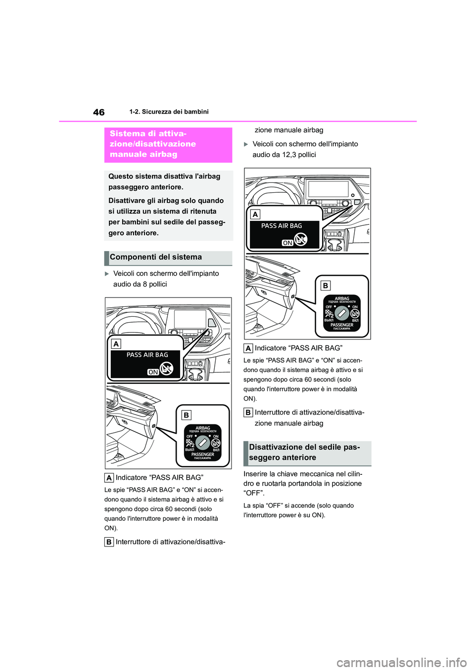 TOYOTA HIGHLANDER 2023 Manuale duso (in Italian) 461-2. Sicurezza dei bambini
1-2.Sicurezza dei bambini
Veicoli con schermo dellimpianto
audio da 8 pollici
Indicatore “PASS AIR BAG”
Le spie “PASS AIR BAG” e “ON” si accen-
dono qu TOYOTA HIGHLANDER 2023 Manuale duso (in Italian) 461-2. Sicurezza dei bambini
1-2.Sicurezza dei bambini
Veicoli con schermo dellimpianto
audio da 8 pollici
Indicatore “PASS AIR BAG”
Le spie “PASS AIR BAG” e “ON” si accen-
dono qu