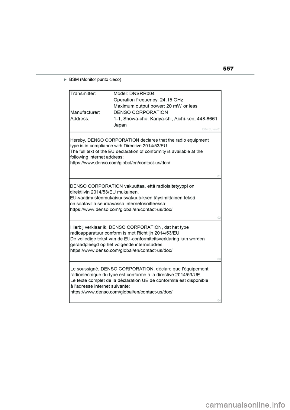 TOYOTA HIGHLANDER 2023 Manuale duso (in Italian) 557
BSM (Monitor punto cieco) TOYOTA HIGHLANDER 2023 Manuale duso (in Italian) 557
BSM (Monitor punto cieco)