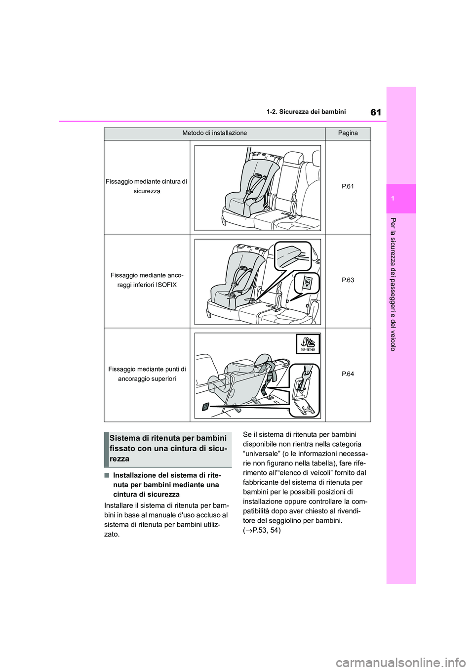 TOYOTA HIGHLANDER 2023 Manuale duso (in Italian) 61
1
1-2. Sicurezza dei bambini
Per la sicurezza dei passeggeri e del veicolo
■Installazione del sistema di rite-
nuta per bambini mediante una
cintura di sicurezza
Installare il sistema di rite TOYOTA HIGHLANDER 2023 Manuale duso (in Italian) 61
1
1-2. Sicurezza dei bambini
Per la sicurezza dei passeggeri e del veicolo
■Installazione del sistema di rite-
nuta per bambini mediante una
cintura di sicurezza
Installare il sistema di rite
