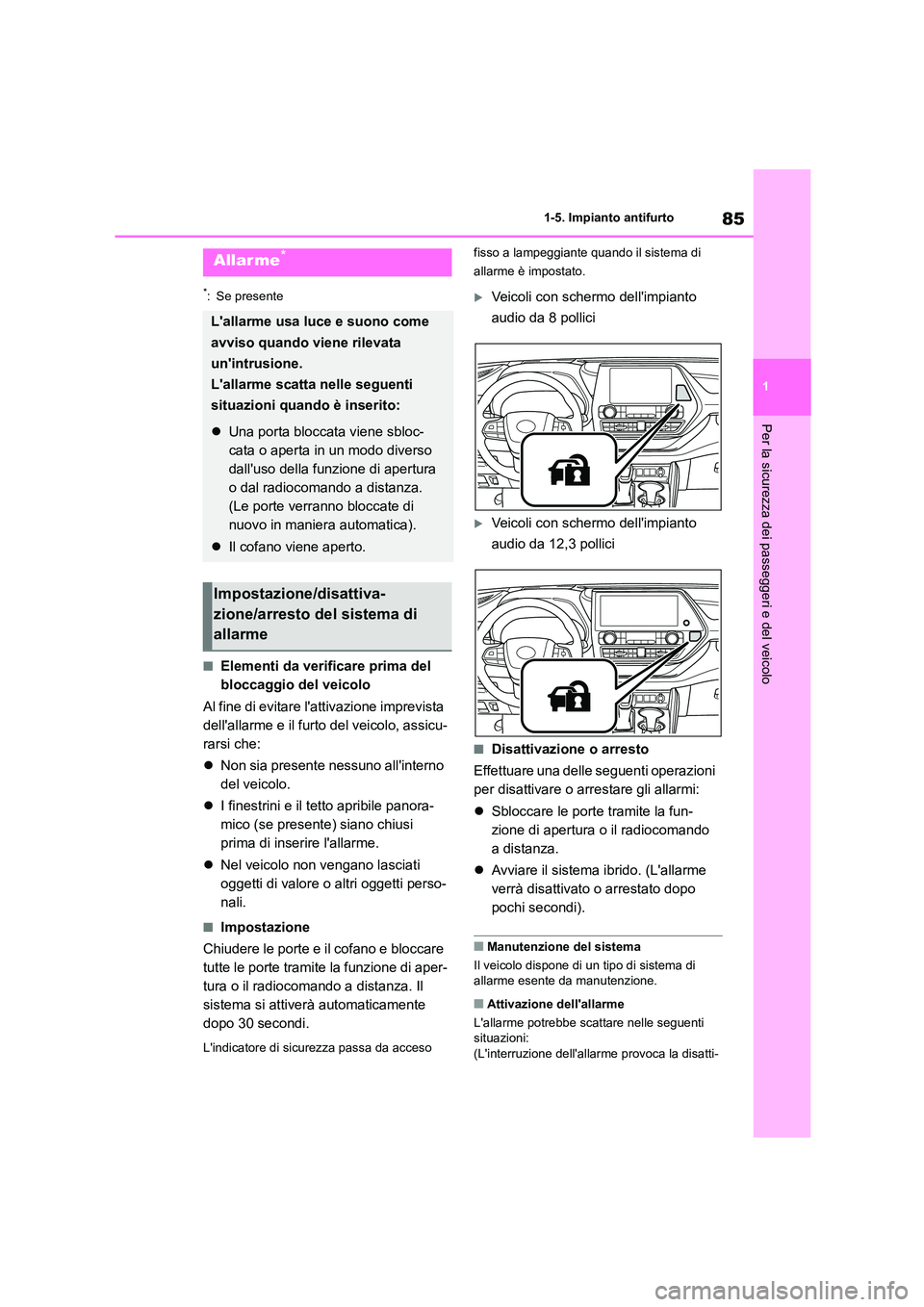 TOYOTA HIGHLANDER 2023 Manuale duso (in Italian) 85
1
1-5. Impianto antifurto
Per la sicurezza dei passeggeri e del veicolo
*: Se presente
■Elementi da verificare prima del
bloccaggio del veicolo
Al fine di evitare lattivazione imprevista
d TOYOTA HIGHLANDER 2023 Manuale duso (in Italian) 85
1
1-5. Impianto antifurto
Per la sicurezza dei passeggeri e del veicolo
*: Se presente
■Elementi da verificare prima del
bloccaggio del veicolo
Al fine di evitare lattivazione imprevista
d