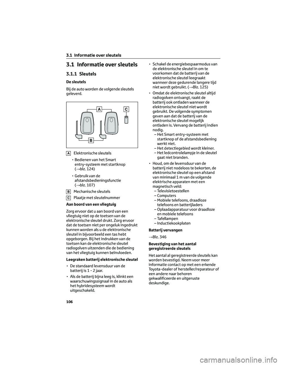 TOYOTA HIGHLANDER 2023  Instructieboekje (in Dutch) 3.1 Informatie over sleutels
3.1.1 Sleutels
De sleutels
Bij de auto worden de volgende sleutels
geleverd.
AElektronische sleutels
• Bedienen van het Smart
entry-systeem met startknop
(→blz. 124)
