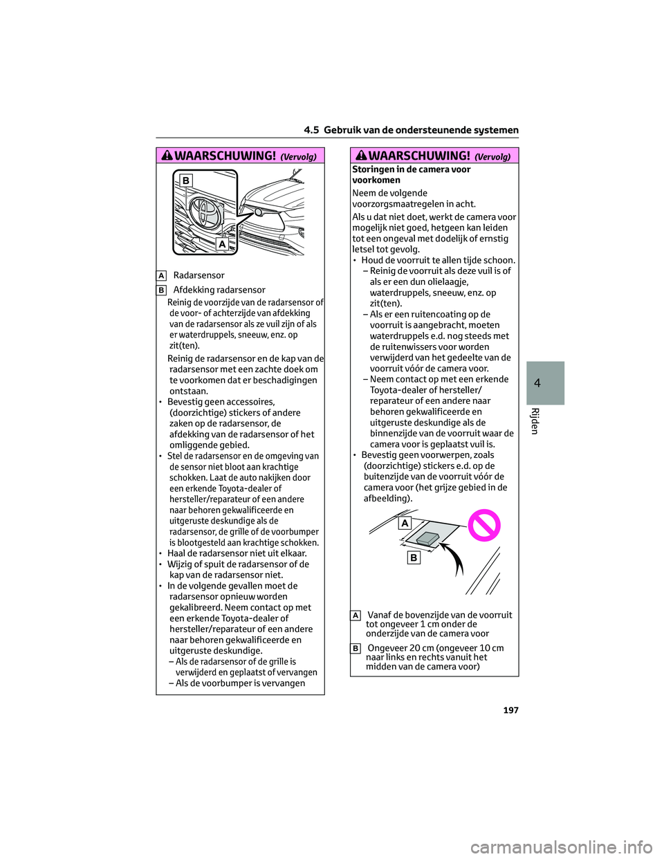 TOYOTA HIGHLANDER 2023  Instructieboekje (in Dutch) WAARSCHUWING!(Vervolg)
ARadarsensor
BAfdekking radarsensor
Reinig de voorzijde van de radarsensor of
de voor- of achterzijde van afdekking
van de radarsensor als ze vuil zijn of als
er waterdruppels, 