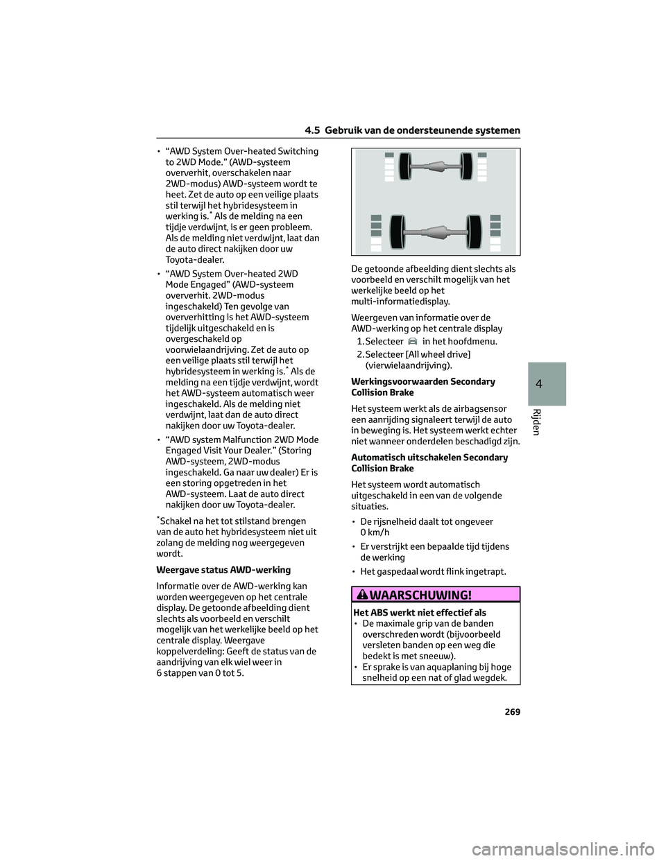 TOYOTA HIGHLANDER 2023  Instructieboekje (in Dutch) • “AWD System Over-heated Switching
to 2WD Mode.” (AWD-systeem
oververhit, overschakelen naar
2WD-modus) AWD-systeem wordt te
heet. Zet de auto op een veilige plaats
stil terwijl het hybridesyst