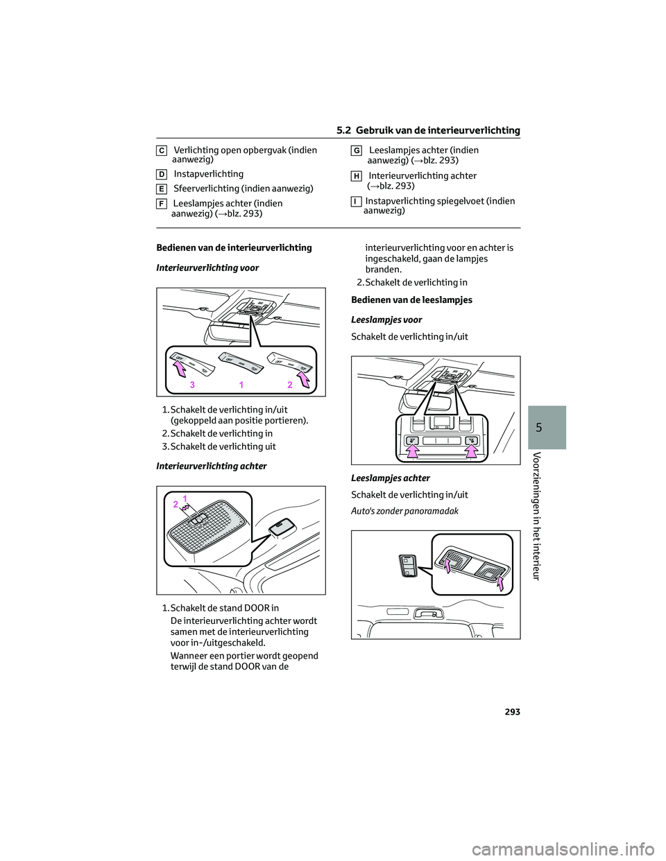 TOYOTA HIGHLANDER 2023 Instructieboekje (in Dutch) CVerlichting open opbergvak (indien
aanwezig)
DInstapverlichting
ESfeerverlichting (indien aanwezig)
FLeeslampjes achter (indien
aanwezig) (→blz. 293)
GLeeslampjes achter (indien
aanwezig) (→blz. TOYOTA HIGHLANDER 2023 Instructieboekje (in Dutch) CVerlichting open opbergvak (indien
aanwezig)
DInstapverlichting
ESfeerverlichting (indien aanwezig)
FLeeslampjes achter (indien
aanwezig) (→blz. 293)
GLeeslampjes achter (indien
aanwezig) (→blz.