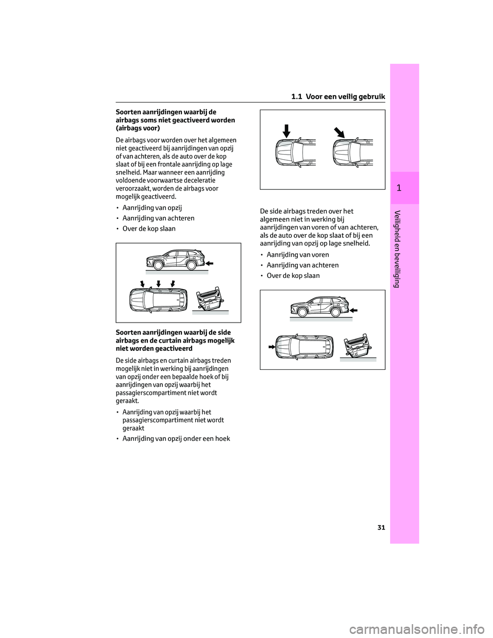 TOYOTA HIGHLANDER 2023 Instructieboekje (in Dutch) Soorten aanrijdingen waarbij de
airbags soms niet geactiveerd worden
(airbags voor)
De airbags voor worden over het algemeen
niet geactiveerd bij aanrijdingen van opzij
of van achteren, als de auto ov TOYOTA HIGHLANDER 2023 Instructieboekje (in Dutch) Soorten aanrijdingen waarbij de
airbags soms niet geactiveerd worden
(airbags voor)
De airbags voor worden over het algemeen
niet geactiveerd bij aanrijdingen van opzij
of van achteren, als de auto ov