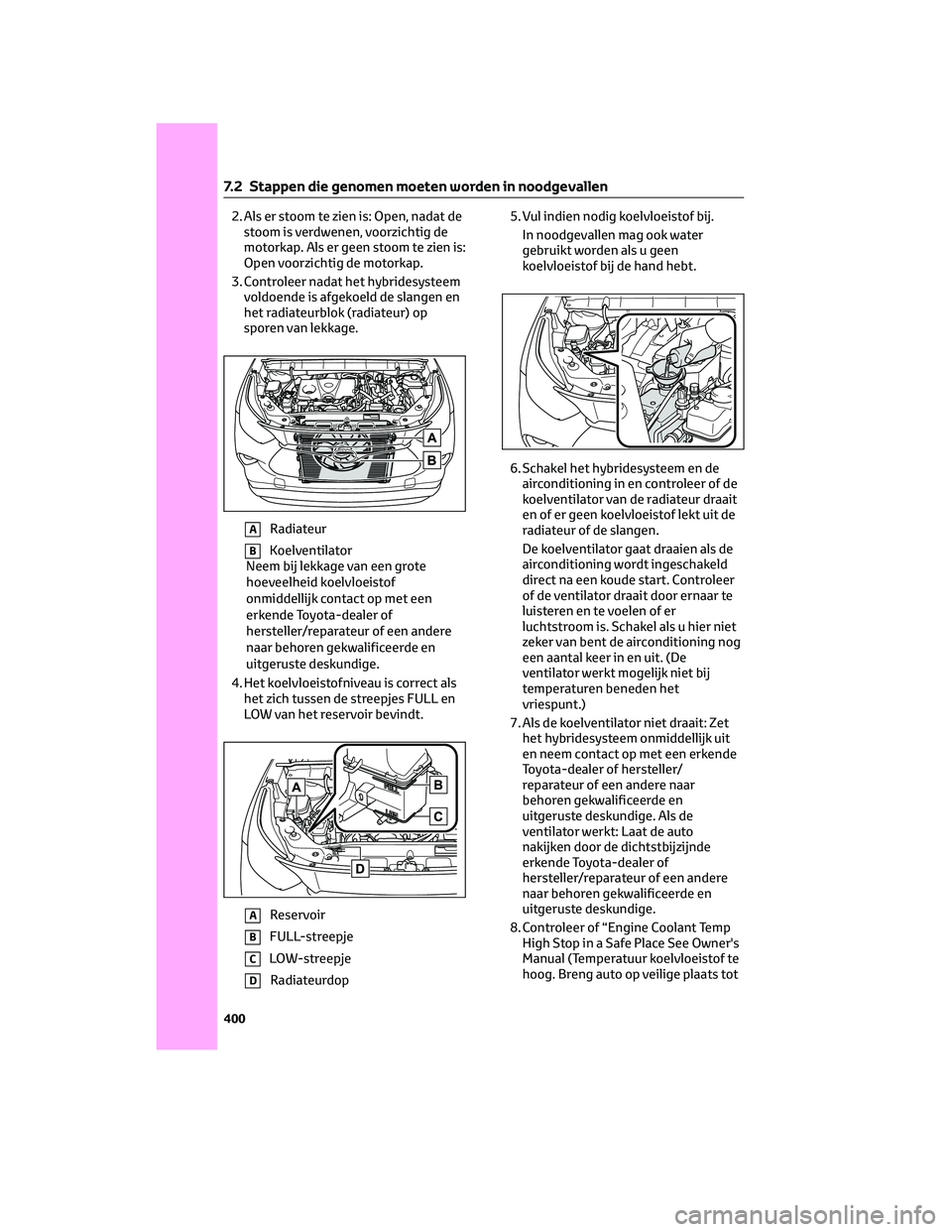 TOYOTA HIGHLANDER 2023 Instructieboekje (in Dutch) 2. Als er stoom te zien is: Open, nadat de
stoom is verdwenen, voorzichtig de
motorkap. Als er geen stoom te zien is:
Open voorzichtig de motorkap.
3. Controleer nadat het hybridesysteem
voldoende is TOYOTA HIGHLANDER 2023 Instructieboekje (in Dutch) 2. Als er stoom te zien is: Open, nadat de
stoom is verdwenen, voorzichtig de
motorkap. Als er geen stoom te zien is:
Open voorzichtig de motorkap.
3. Controleer nadat het hybridesysteem
voldoende is