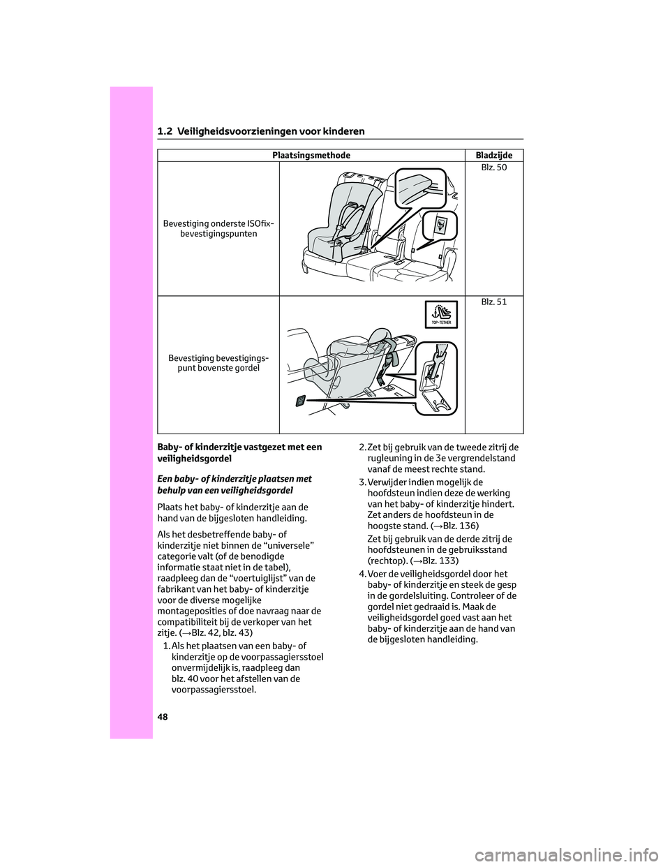 TOYOTA HIGHLANDER 2023  Instructieboekje (in Dutch) Plaatsingsmethode Bladzijde
Bevestiging onderste ISOfix-
bevestigingspunten
Blz. 50
Bevestiging bevestigings-
punt bovenste gordel
Blz. 51
Baby- of kinderzitje vastgezet met een
veiligheidsgordel
Een 