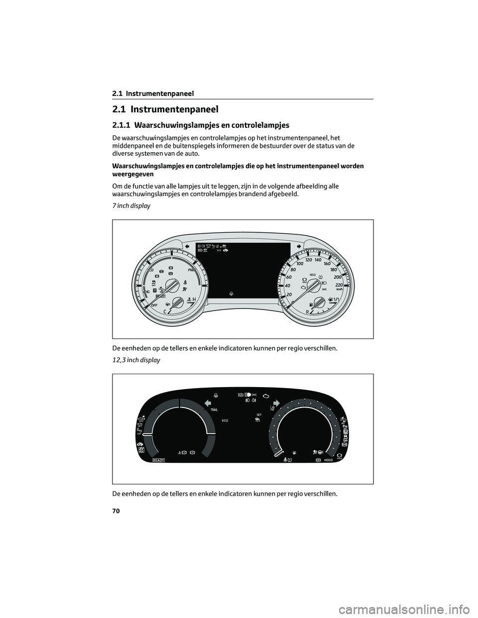 TOYOTA HIGHLANDER 2023 Instructieboekje (in Dutch) 2.1 Instrumentenpaneel
2.1.1 Waarschuwingslampjes en controlelampjes
De waarschuwingslampjes en controlelampjes op het instrumentenpaneel, het
middenpaneel en de buitenspiegels informeren de bestuurde TOYOTA HIGHLANDER 2023 Instructieboekje (in Dutch) 2.1 Instrumentenpaneel
2.1.1 Waarschuwingslampjes en controlelampjes
De waarschuwingslampjes en controlelampjes op het instrumentenpaneel, het
middenpaneel en de buitenspiegels informeren de bestuurde