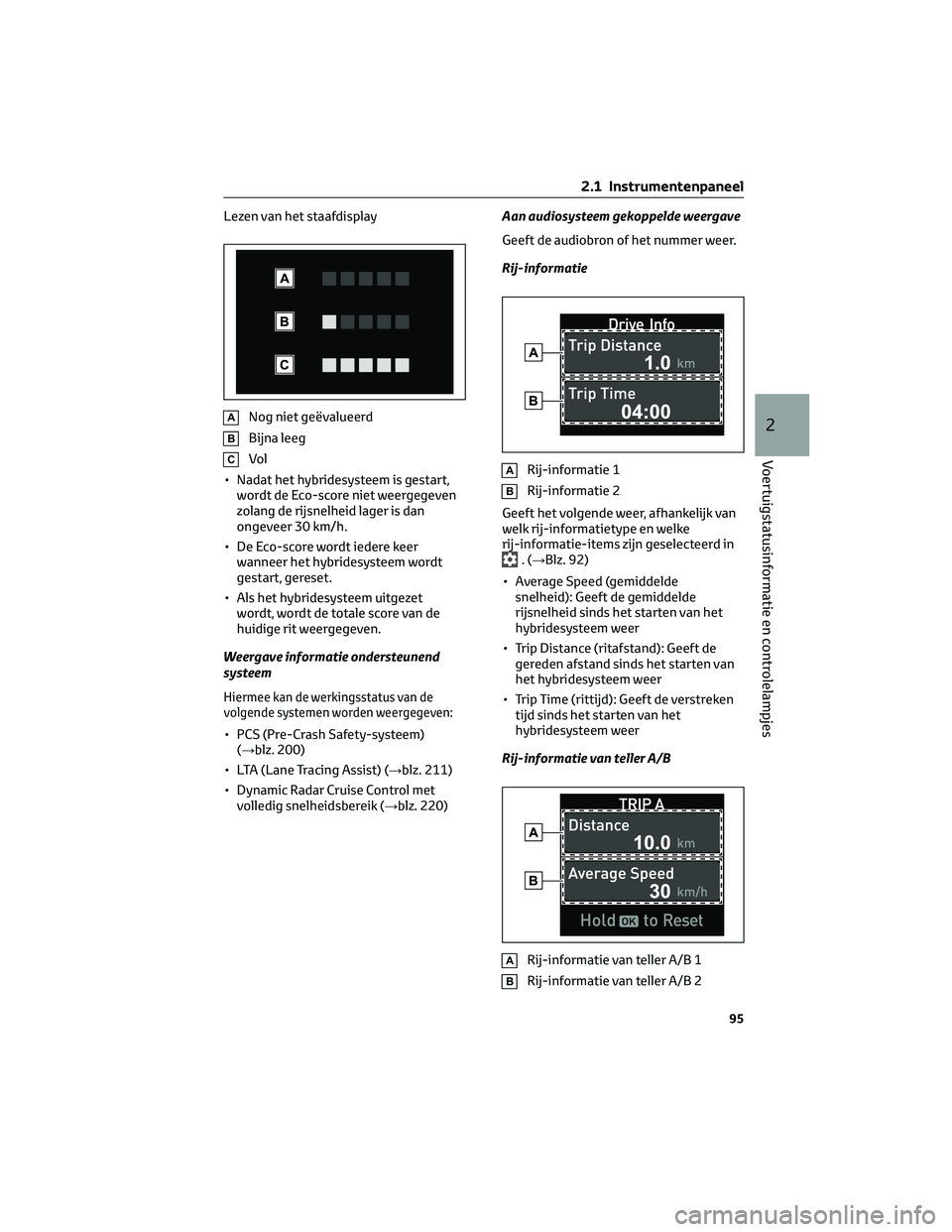 TOYOTA HIGHLANDER 2023  Instructieboekje (in Dutch) Lezen van het staafdisplay
ANog niet geëvalueerd
BBijna leeg
CVol
• Nadat het hybridesysteem is gestart,
wordt de Eco-score niet weergegeven
zolang de rijsnelheid lager is dan
ongeveer 30 km/h.
•